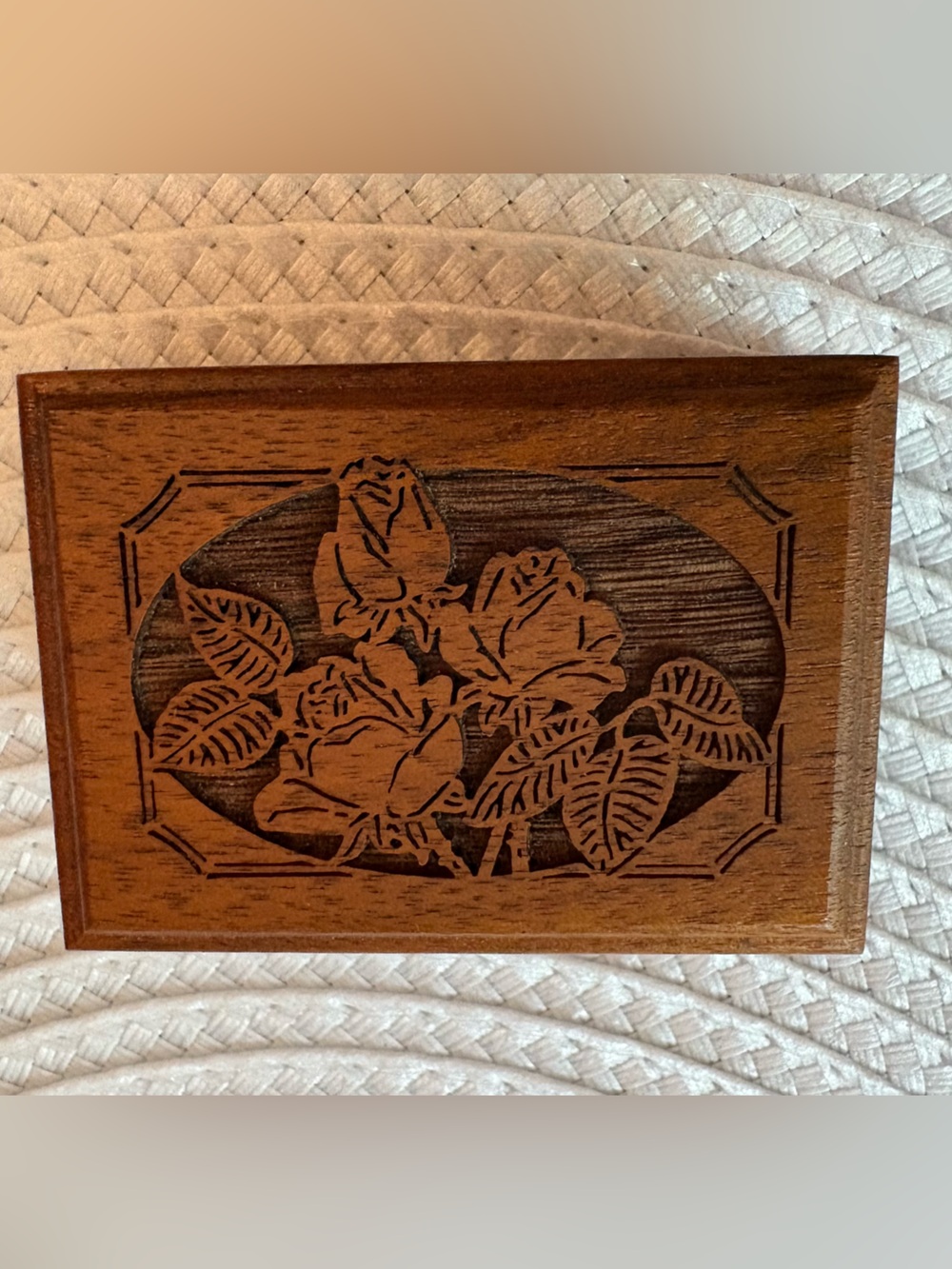 Vintage Lasercraft Walnut Wooden Music Box "We've Only Just Begun" Rose Etched